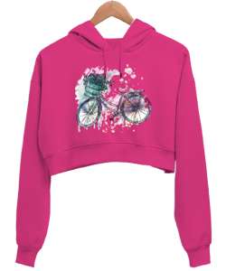 ŞEKER BİSİKLETİ Fuşya Kadın Crop Hoodie Kapüşonlu Sweatshirt