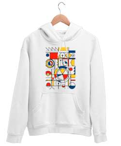 Şekiller Desen Beyaz Unisex Kapşonlu Sweatshirt