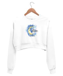 Seni Aya Kadar Kocaman Seviyorum - Aşk - Love Beyaz Kadın Crop Sweatshirt