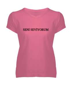 Seni seviyorum Pembe Kadın V Yaka Tişört