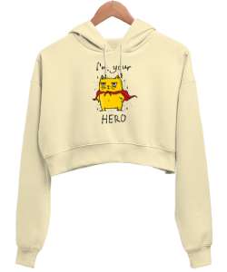 Senin Kahramanın - Your Hero Krem Kadın Crop Hoodie Kapüşonlu Sweatshirt