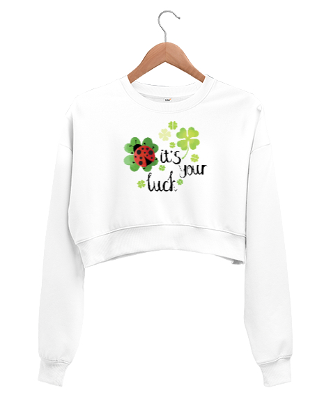 Tisho - Senin Şansın - Your Luck - Yonca - Uğur Böceği Beyaz Kadın Crop Sweatshirt