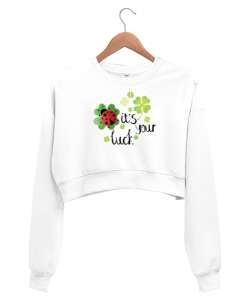 Senin Şansın - Your Luck - Yonca - Uğur Böceği Beyaz Kadın Crop Sweatshirt