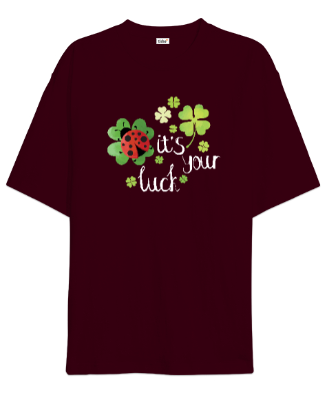 Tisho - Senin Şansın - Your Luck - Yonca - Uğur Böceği Bordo Oversize Unisex Tişört