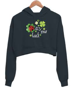 Senin Şansın - Your Luck - Yonca - Uğur Böceği Füme Kadın Crop Hoodie Kapüşonlu Sweatshirt