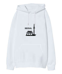 SEOUL Beyaz Oversize Unisex Kapüşonlu Sweatshirt