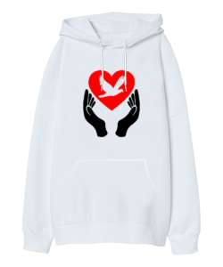 Sevgi Ve Barış - Peace And Heart Beyaz Oversize Unisex Kapüşonlu Sweatshirt