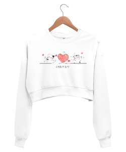 Sevgili Kediler - Lovely Day - Sevgi Beyaz Kadın Crop Sweatshirt