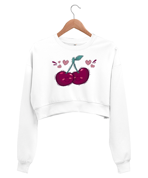 Tisho - Sevgili Kirazlar - Aşk - Kalpler Beyaz Kadın Crop Sweatshirt