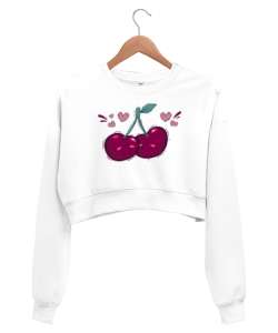 Sevgili Kirazlar - Aşk - Kalpler Beyaz Kadın Crop Sweatshirt