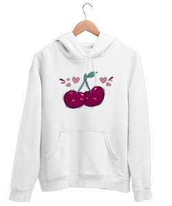 Sevgili Kirazlar - Aşk - Kalpler Beyaz Unisex Kapşonlu Sweatshirt