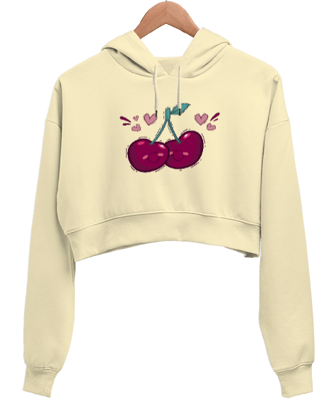 Tisho - Sevgili Kirazlar - Aşk - Kalpler Krem Kadın Crop Hoodie Kapüşonlu Sweatshirt