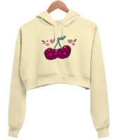 Sevgili Kirazlar - Aşk - Kalpler Krem Kadın Crop Hoodie Kapüşonlu Sweatshirt - Thumbnail