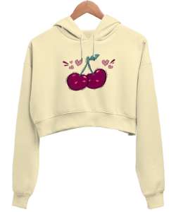 Sevgili Kirazlar - Aşk - Kalpler Krem Kadın Crop Hoodie Kapüşonlu Sweatshirt