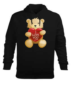 Sevgililer Günü 14 Şubat I Love You Teddy Bear Ayıcık Baskılı Siyah Erkek Kapüşonlu Hoodie Sweatshirt