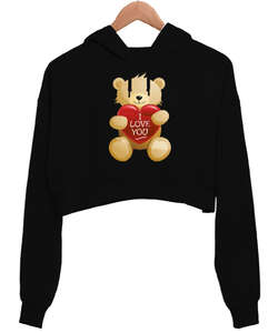 Sevgililer Günü 14 Şubat I Love You Teddy Bear Ayıcık Baskılı Siyah Kadın Crop Hoodie Kapüşonlu Sweatshirt