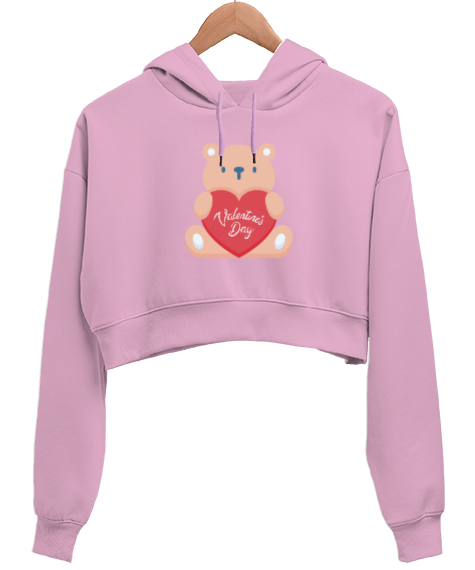 Sevgililer Günü Pembe Kadın Crop Hoodie Kapüşonlu Sweatshirt