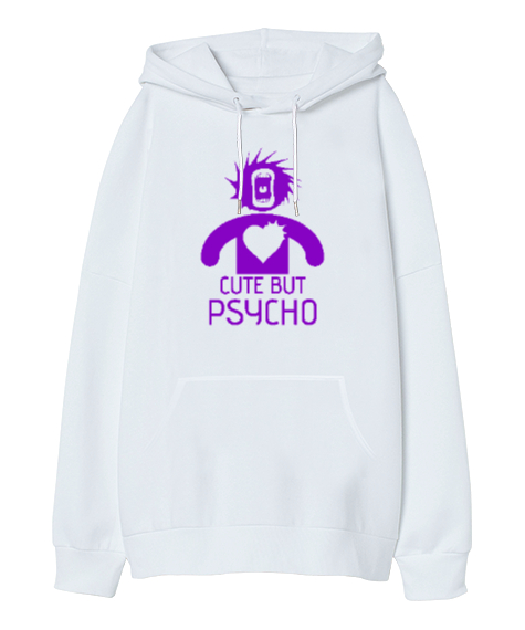 Tisho - Sevimli Ama Psikopat - Cute But Psycho Beyaz Oversize Unisex Kapüşonlu Sweatshirt