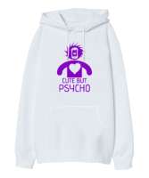 Sevimli Ama Psikopat - Cute But Psycho Beyaz Oversize Unisex Kapüşonlu Sweatshirt - Thumbnail