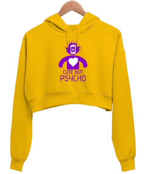 Tisho - Sevimli Ama Psikopat - Cute But Psycho Sarı Kadın Crop Hoodie Kapüşonlu Sweatshirt