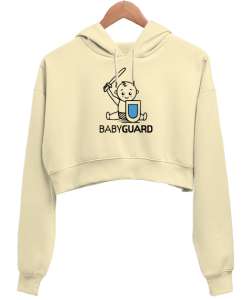 Sevimli Babyguard Krem Kadın Crop Hoodie Kapüşonlu Sweatshirt