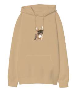 Sevimli Bull Dog Camel Oversize Unisex Kapüşonlu Sweatshirt