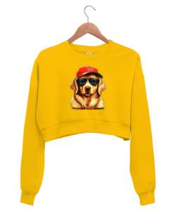 Sevimli golden köpek baskılı Sarı Kadın Crop Sweatshirt