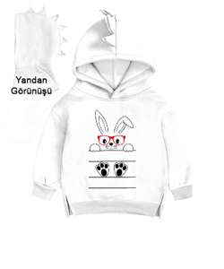 Sevimli Gözlüklü Tavşan Beyaz Çocuk Dinozor Kapşonlu Hoodie