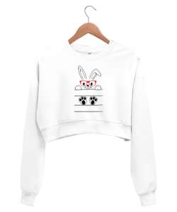 Sevimli Gözlüklü Tavşan Beyaz Kadın Crop Sweatshirt