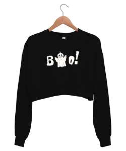 Sevimli Hayalet - Böö - Ghost Siyah Kadın Crop Sweatshirt