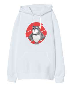 Sevimli Kaslı Buldog Beyaz Oversize Unisex Kapüşonlu Sweatshirt