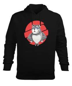 Sevimli Kaslı Buldog Siyah Erkek Kapüşonlu Hoodie Sweatshirt