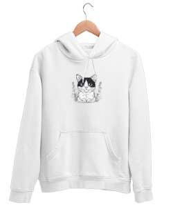 Sevimli Kedi Beyaz Unisex Kapşonlu Sweatshirt