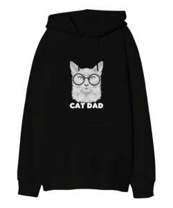 Sevimli Kedi Cat Dad Yazılı Siyah Oversize Unisex Kapüşonlu Sweatshirt