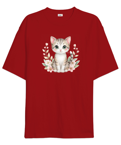 Tisho - Sevimli Kedi - Cat Kırmızı Oversize Unisex Tişört
