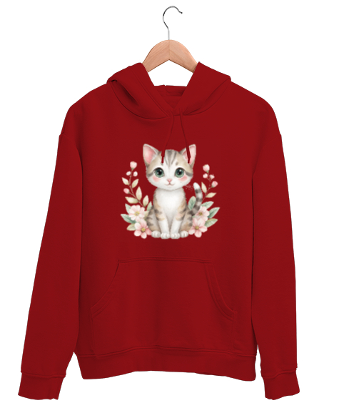Tisho - Sevimli Kedi - Cat Kırmızı Unisex Kapşonlu Sweatshirt