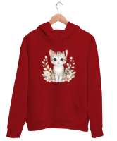 Sevimli Kedi - Cat Kırmızı Unisex Kapşonlu Sweatshirt - Thumbnail