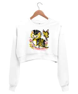 Sevimli Kedi ve Kelebek Beyaz Kadın Crop Sweatshirt