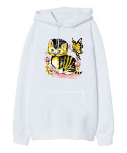 Sevimli Kedi ve Kelebek Beyaz Oversize Unisex Kapüşonlu Sweatshirt