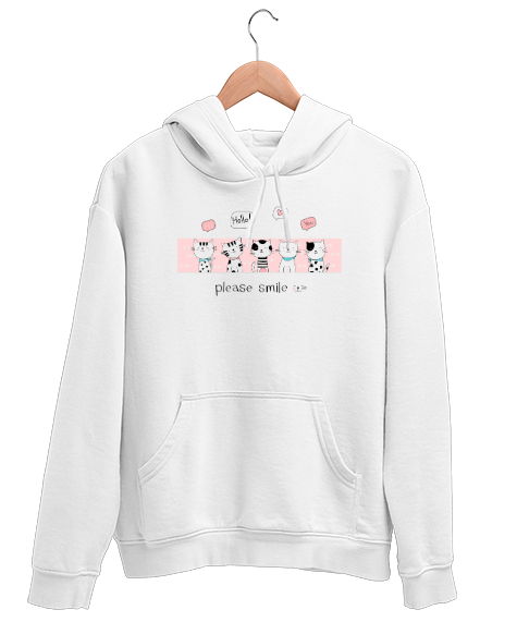 Tisho - Sevimli Kediler - Lütfen Gülümse - Smile Beyaz Unisex Kapşonlu Sweatshirt