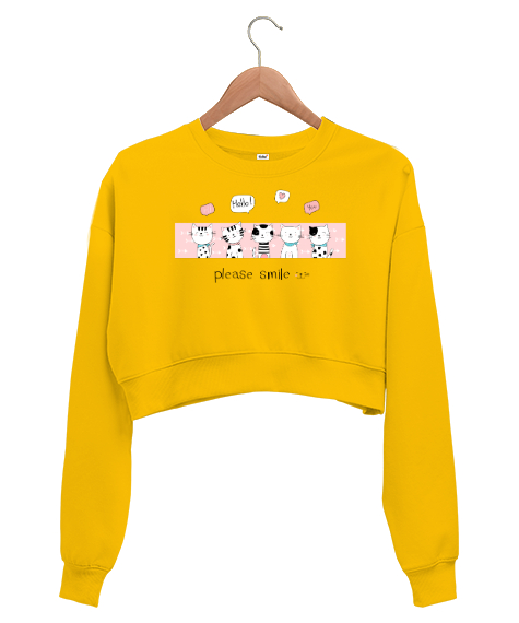 Tisho - Sevimli Kediler - Lütfen Gülümse - Smile Sarı Kadın Crop Sweatshirt