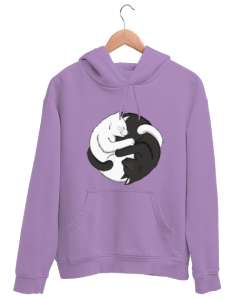 Sevimli Kediler Yin Yang Denge Lila Unisex Kapşonlu Sweatshirt