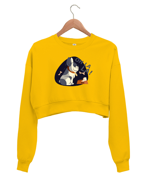 Tisho - Sevimli Köpek - Dog Sarı Kadın Crop Sweatshirt