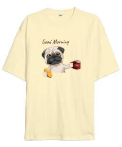 Sevimli Köpek - Günaydın - Good Morning Krem Oversize Unisex Tişört