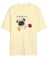 Sevimli Köpek - Günaydın - Good Morning Krem Oversize Unisex Tişört - Thumbnail