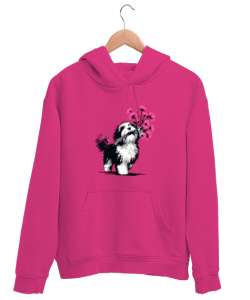 Sevimli Köpek ve Çiçek Demeti Fuşya Unisex Kapşonlu Sweatshirt