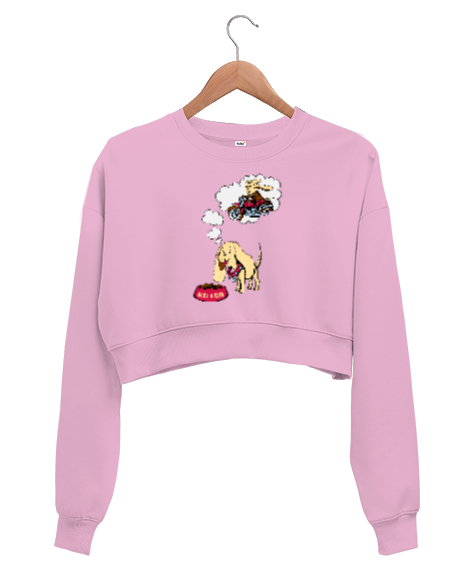 Tisho - Sevimli Köpekler - Aklımdasın - Seni Düşünüp Bekliyorum Pembe Kadın Crop Sweatshirt