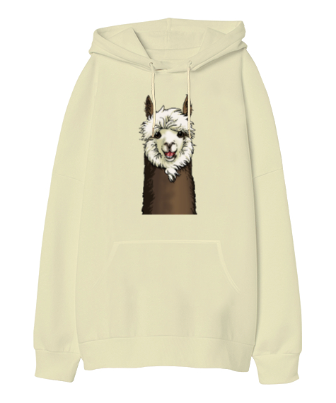 Sevimli Lama Krem Oversize Unisex Kapüşonlu Sweatshirt