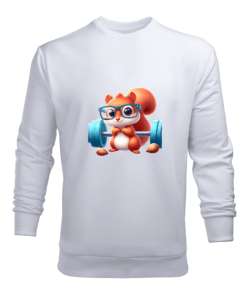 Sevimli Meraklı Sporcu Gözlüklü Sincap Beyaz Erkek Sweatshirt