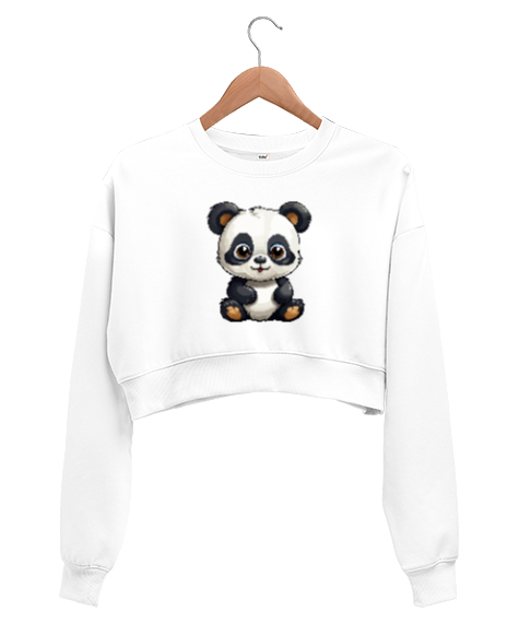 Sevimli Panda Beyaz Kadın Crop Sweatshirt - Tisho